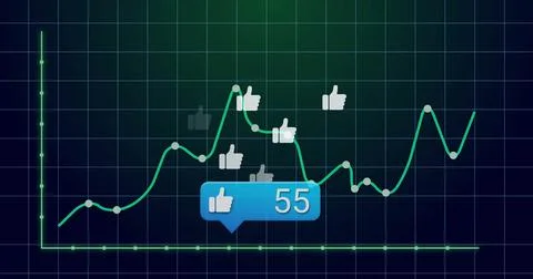 Displaying green line graph on analytics dashboard, with thumbs-up icons and Stock Photos
