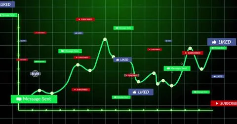 Displaying green line graph with data nodes changing on analytics dashboard, Stock Illustration