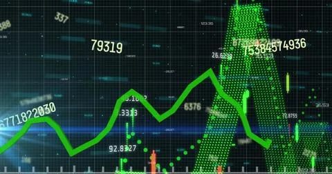Displaying green line graph fluctuating on financial dashboard with 3D columns Foto stock