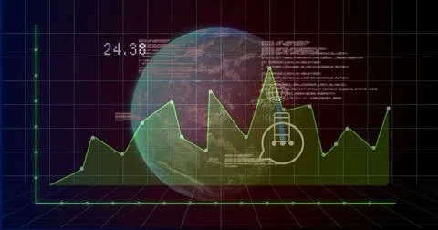 Displaying green line graph showing peaks in dashboard, featuring globe and Illustrazione stock