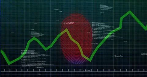 Displaying green line graph spanning teal grid, showing red-purple fingerprin Stock Illustration