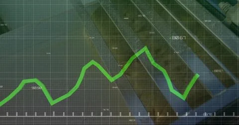 Displaying green line graph spanning grid overlay, with numeric labels over Stock Photos