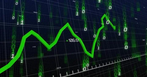 Displaying green line graph zigzagging in trading interface with binary digits Stock Illustration