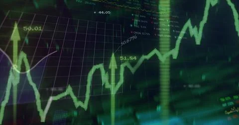 Displaying green line graph zigzagging over grid on trading screen, with numeric Stock Photos