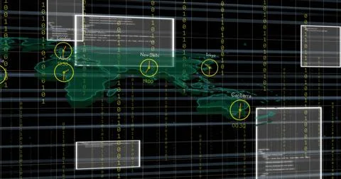 Displaying green map over Eurasia on dashboard, showing binary columns, clock 스톡 일러스트
