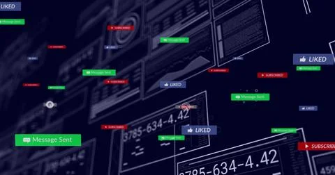 Displaying green Message Sent, red SUBSCRIBED, blue LIKED notifications over Stock Illustration