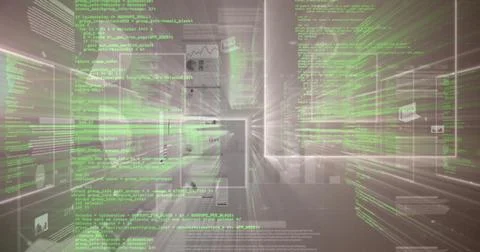 Displaying green monospaced code blocks and translucent panels in virtual space, Stock-Fotos