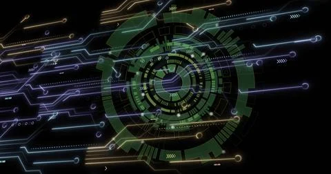 Displaying green multiringed interface glowing on dark HUD, with circuit traces, Stock Photos