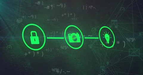 Displaying green padlock camera aperture bulb icons connecting lines on network Stock Photos