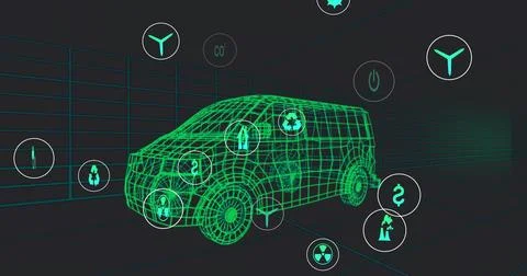 Displaying green passenger van rotating in 3D studio, with floating recycle and Stock Illustration