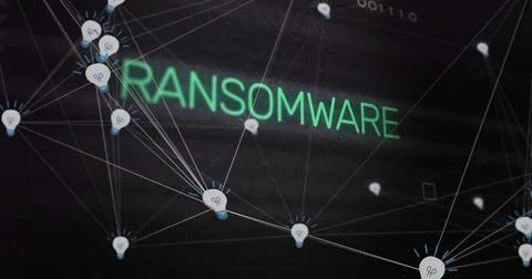 Displaying green RANSOMWARE text glowing over cyber grid, connecting lightbulb 스톡 일러스트