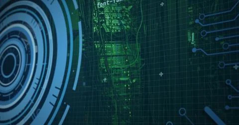 Displaying green server column with cables, racks, glowing LEDs, HUD rings and Stock Photos
