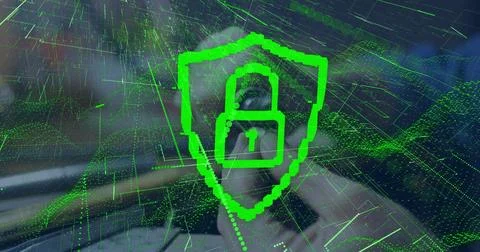 Displaying green shield with padlock over blurred adult woman in room with data Foto stock