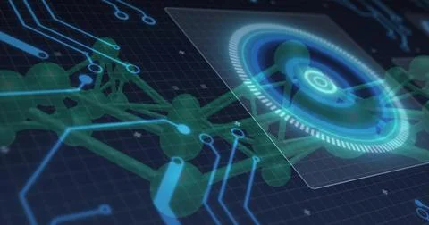 Displaying green spheres linked by rods floating on dark grid with blue Stockillustratie