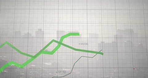 Displaying green trend lines with Cartesian grid across skyline, showing data Stock Photos