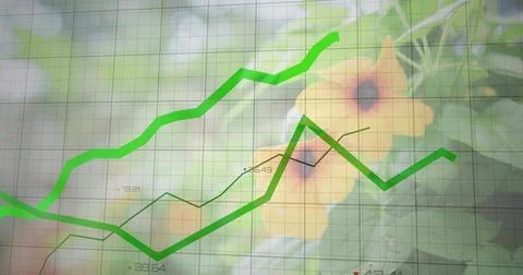 Displaying green upward graph over blurred garden, showing bold trend, grid, Stock Photos