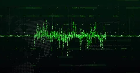 Displaying green waveform across console with grid lines, map silhouette and 스톡 사진