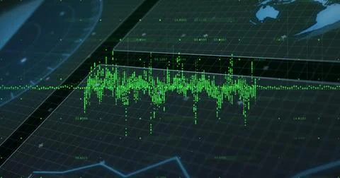 Displaying green waveform pulsing on display, with gridlines, labels, trend line Stock Photos