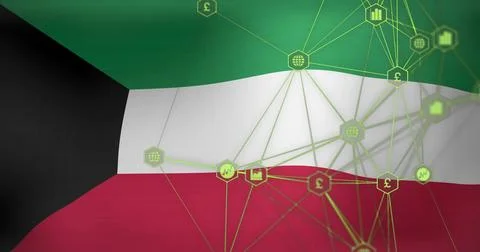 Displaying green, white, red flag with black hoist and neon network of hexagonal Stockillustratie