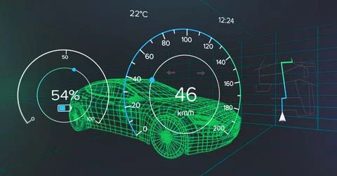 Displaying green wireframe car hovering in virtual grid space, with instrument Stock Photos