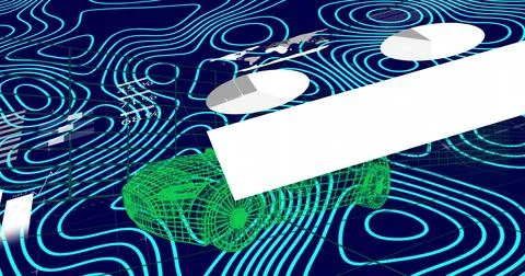 Displaying green wireframe car model hovering over interface with white diagonal Stock Illustration