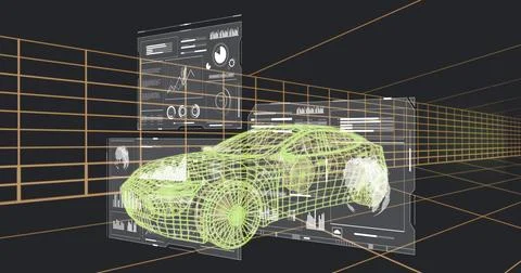 Displaying green wireframe car model hovering in 3D design lab, floating data Stock Illustration