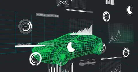 Displaying green wireframe car model in virtual 3D design workspace, with Stock Illustration
