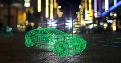 Displaying green wireframe car model hovering over wet asphalt at night, with Fotos de archivo