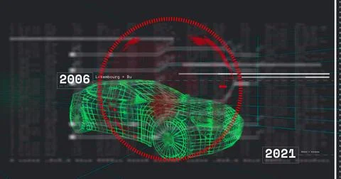Displaying green wireframe car model rotating in 3D workspace, showing red HUD Foto stock