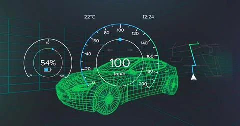Displaying green wireframe car moving in virtual lab with speedometer and Stock Photos