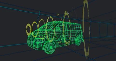 Displaying green wireframe cargo van scanning inside tunnel with blue grid Stock Illustration
