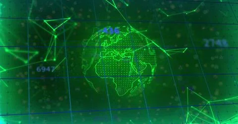 Displaying green wireframe globe on virtual dashboard, with grid and network Illustrazione stock