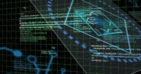 Displaying green wireframe grid and floating code blocks in cyberspace, tracing Stockfoto's