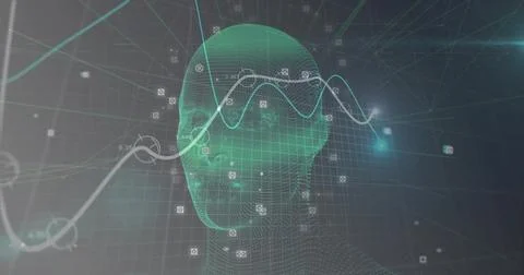 Displaying green wireframe head in grid space, with network nodes, square data Stock Illustration