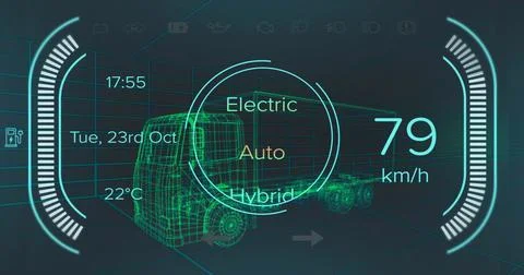 Displaying green wireframe heavy-duty truck with mode selector in 3D chamber, Stock Illustration
