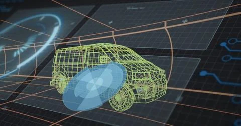 Displaying green wireframe minivan or SUV floating over orange 3D grid lines, Stock Photos