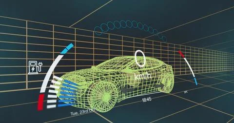 Displaying green wireframe sedan in 3D grid, with speedometer, battery, charging Illustrazione stock