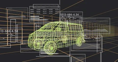 Displaying green wireframe SUV model rotating in CAD studio, with data panels Stock Illustration