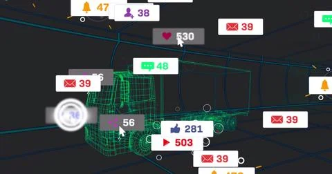 Displaying green wireframe tractor-trailer on blue grid, with UI badges and Stock Illustration