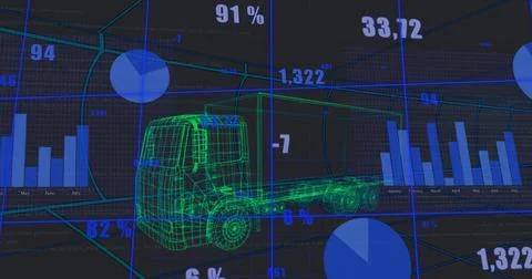 Displaying green wireframe truck model rotating over dark HUD, showing blue bar イラスト素材