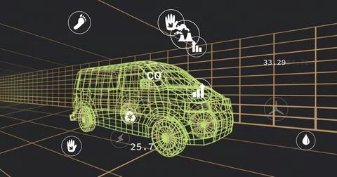 Displaying green wireframe van hovering inside orange grid tunnel, showing HU Stock Illustration