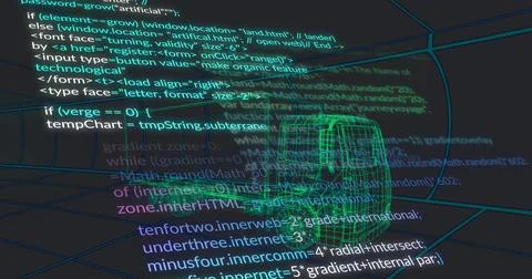 Displaying green wireframe van model floating in simulated 3D wireframe grid, Stock Illustration