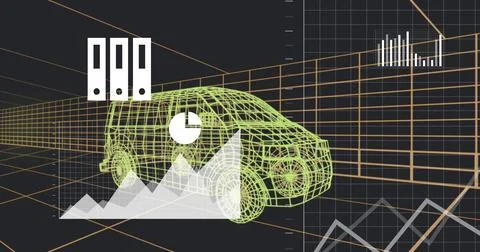 Displaying green wireframe van model rotating in 3D workspace with pie bar Stock-Illustration