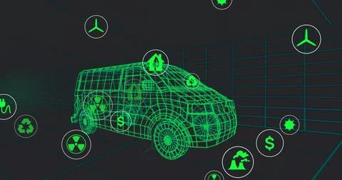 Displaying green wireframe van model floating in digital grid tunnel, Stock Illustration