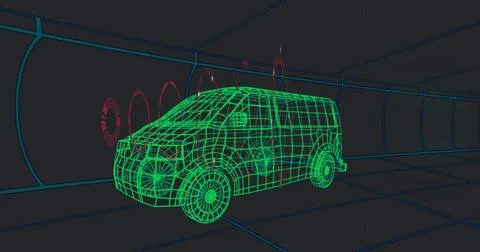Displaying green wireframe van model in 3D tunnel, showing teal grid-lined walls Fotos de archivo