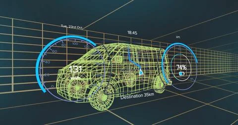 Displaying green wireframe van moving through grid tunnel, showing speed, charge Stock Illustration