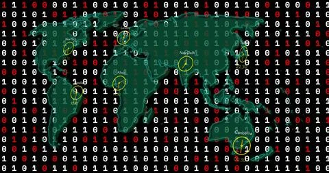 Displaying green world map on black binary field, showing yellow clocks, city 스톡 일러스트