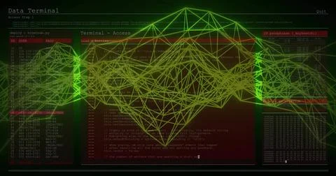 Displaying green-yellow wireframe on console, with terminal windows showing code Foto stock