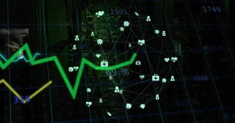Displaying green zigzag line and node network tracking metrics on dark Stock Illustration