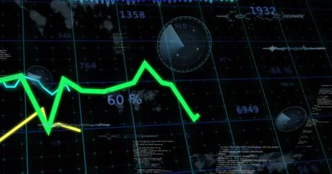 Displaying green zigzag line chart climbing on data dashboard, with radar gauges Illustrazione stock